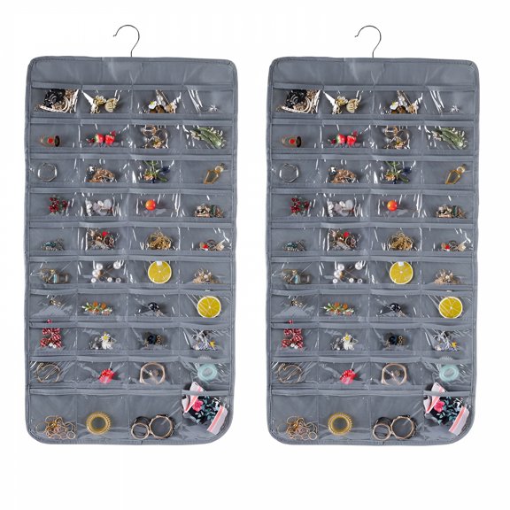 LAMIRO 2 Pack Hanging Jewelry Organizer, 80 Pockets, Earring Holder Organizer for Women Girls, Hanging Jewelry Organizer for Closet,Gray