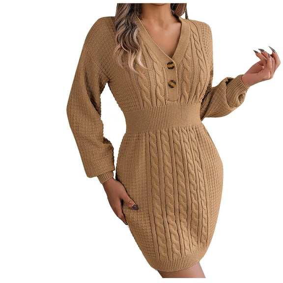 IROINNID Sweater Dress for Women Long Sleeve Dress V-Neck Button Solid Outing Dresses Discount,Khaki