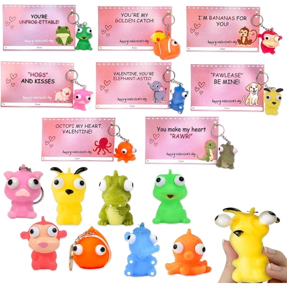 4E's Novelty 24 Pack Valentines Cards with Popping Eye Animals,  Pop Out Eyes Squeeze Toy Keychain with Cards