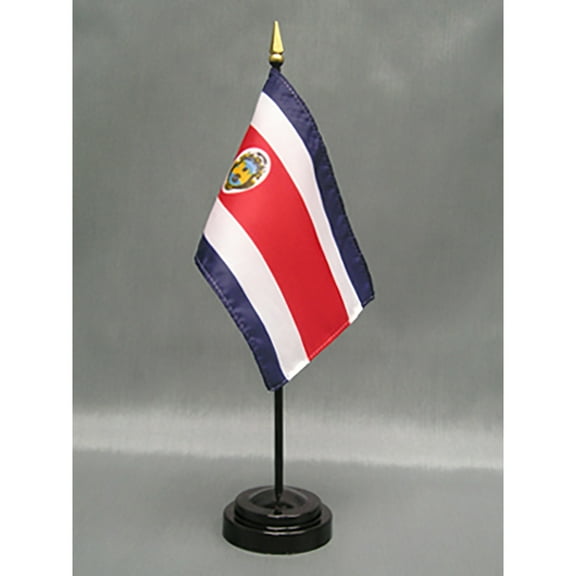 Made in the USA. 2 Costa Rica Rayon 4"x6" Miniature Office Desk & Little Hand Waving Table Flags Includes 2 Flag Stands & 2 Small Mini Costa Rican Stick Flags, Also Includes Costa Rica Flag Lapel Pin.