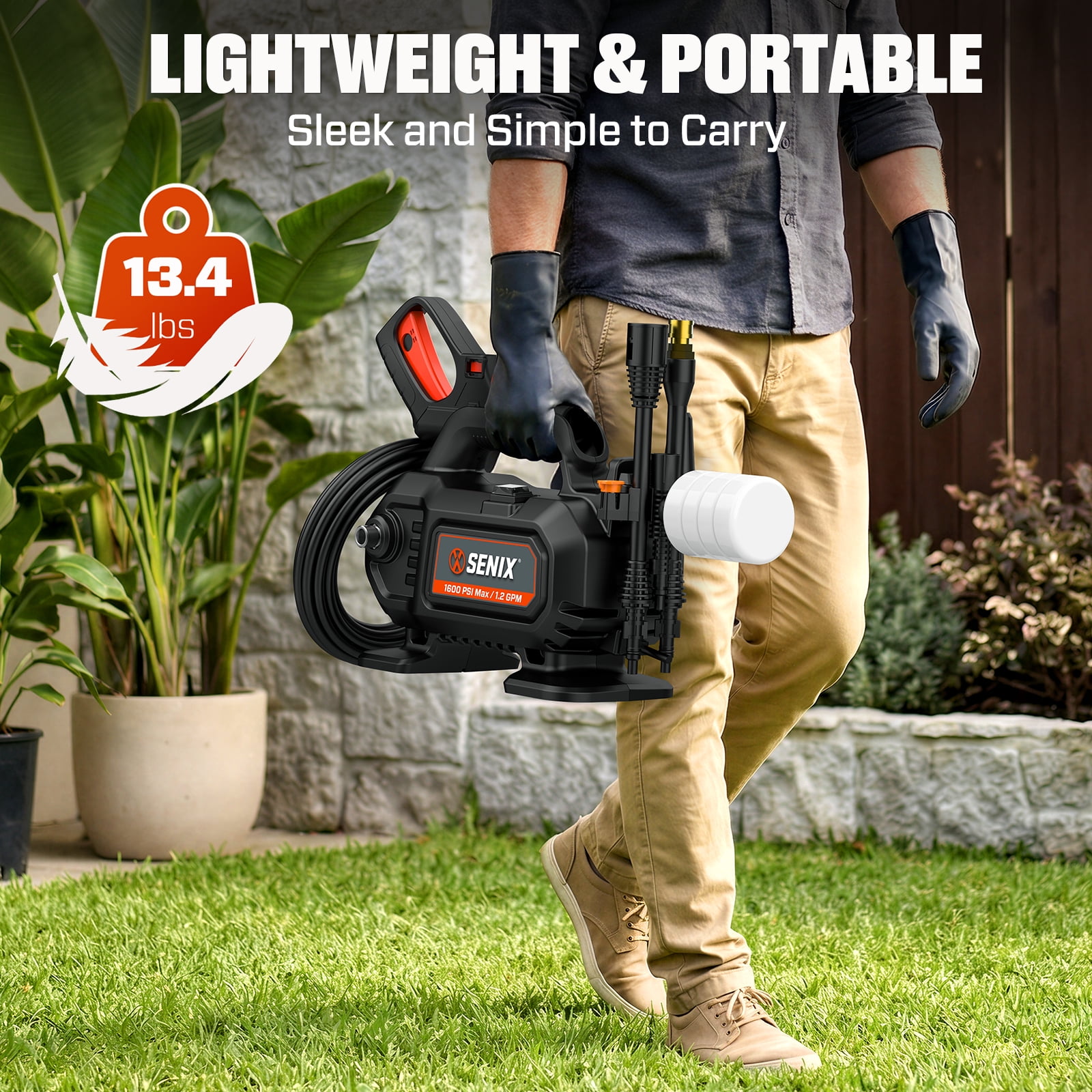 SENIX 1600 PSI Electric Pressure Washer 1.2 GPM, 11 Amp Motor, 20ft Hose, Quick-Connect Nozzles HPWE11-L