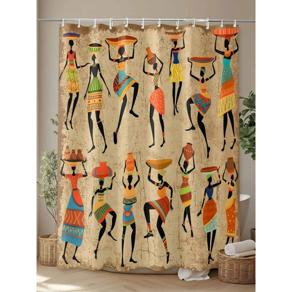 Shower Curtain, Folk African Women Dancing Waterproof Shower Curtain Set with Hooks for Bathroom Showers,Stalls and Bathtubs,72x72In Tribal Art on Retro Brown