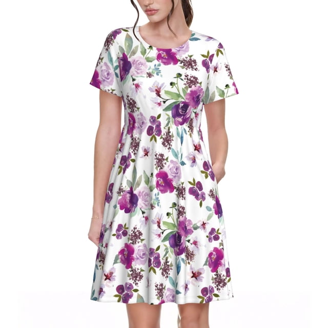 Fotbe Violets Flowers Vestido Largo de Moda para Mujer, Vestido Tipo Camiseta con Manga Corta y Estilo Casual a Rayas y Bloques de Color