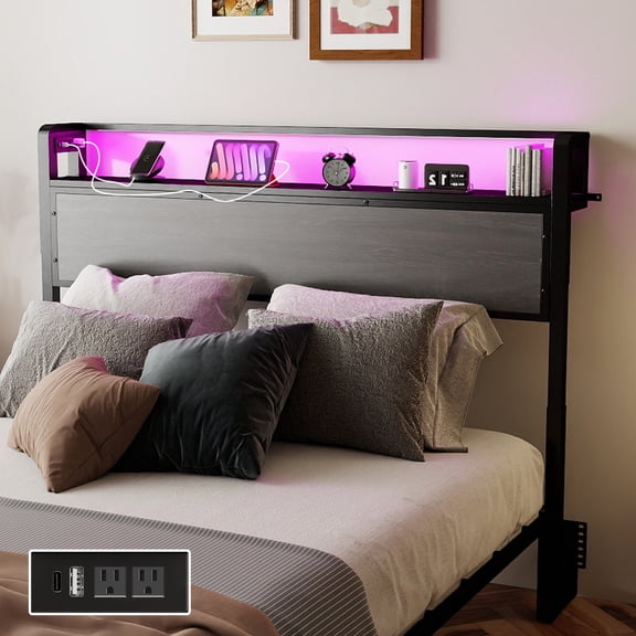 Anyhave Headboard for Twin Size Bed with Storage shelf, Headboards with Outlets, USB Ports and LED Light, Twin Size Head Board Only, Height Adjustable