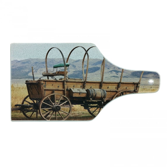 Western Cutting Board, Photo of Old Nostalgic Wild West American Cart Carriage in the Farm Texas Style, Tempered Glass Cutting and Serving Board, Wine Bottle Shape, Brown Yellow, by Ambesonne
