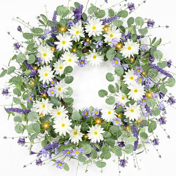 KALLORY LED Artificial Lavender Wreath for Front Door - Spring Door Pendant for Home, Wedding, Holiday & Seasonal Decor