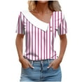 thumbnail image 2 of HOMBOM Pink Women Shirts Striped Casual V Neck Short Sleeve Asymmetrical Collar Lapel T-shirt S, 2 of 5