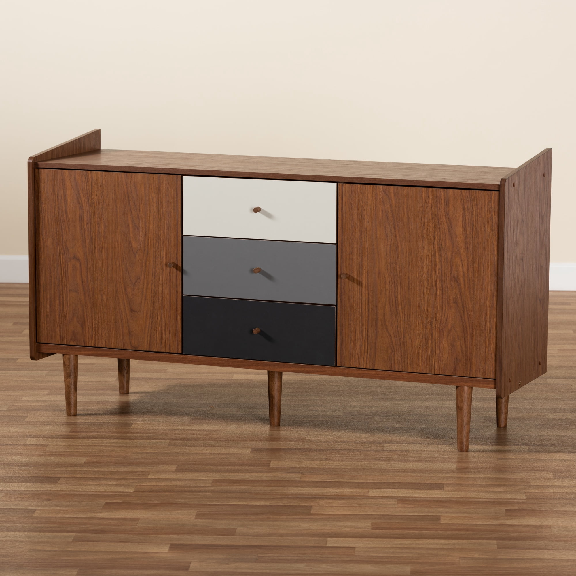 Baxton Studio Halden Mid-Century Modern Multicolor Walnut Brown and Grey Gradient Finished Wood 2-Door Dining Room Sideboard Buffet