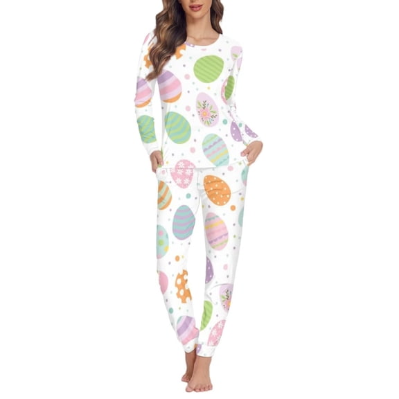 FKELYI Lightweight Women Pajama Size XS Polyester Easter Eggs Women Sleepwear 2 Piece Snug-Fit Casual Long Sleeve Top and Pants Loungewear