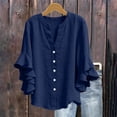 thumbnail image 2 of Feancey Cotton Linen Button Down Shirts for Women Dressy Casual Ruffle 3/4 Sleeve Blouse Summer Loose V Neck Gauze Shirt Elegant Work Tops Navy S, 2 of 10