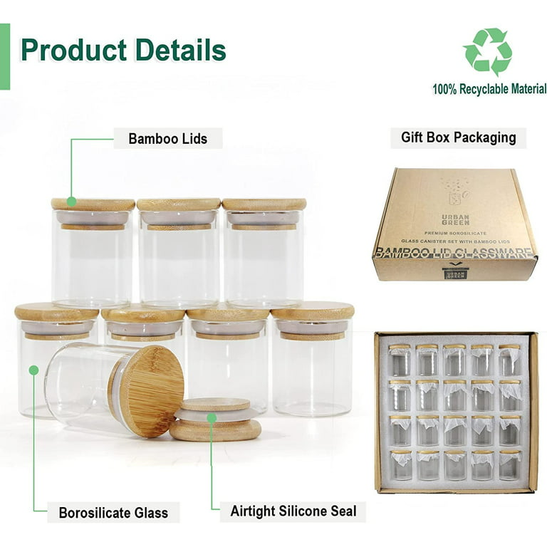 CANCJ Glass Jars with Bamboo Lids,12 Pack Spice Jars with Bamboo Lids,Glass  Storage Jars,Glass Canisters Wood Airtight Lids with Labels,Clear Glass