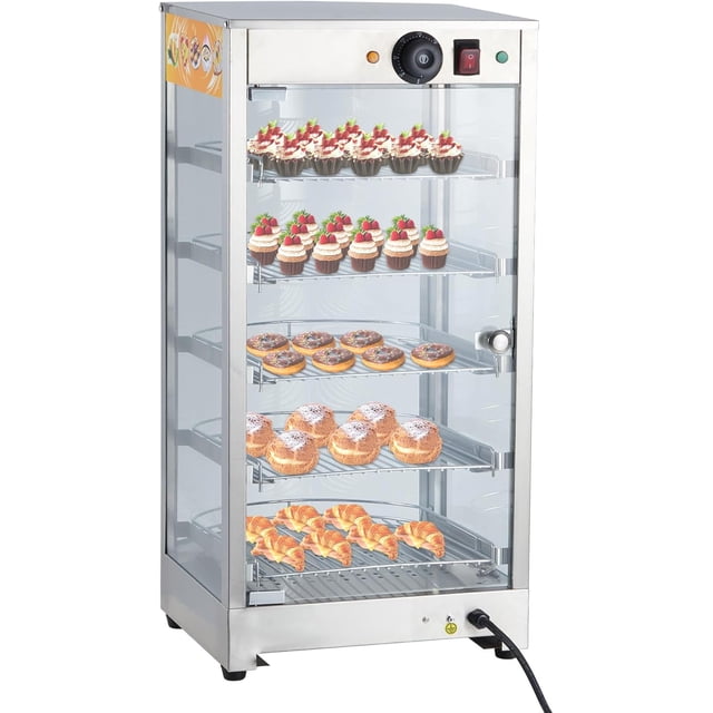 Armoire d'Exposition Commerciale à 5 Niveaux pour Réchauffeurs d'Aliments, Réchaud à Pizza et à Pâtisserie de Comptoir de 14 Pouces, 800 W avec Chauffage 3D, Température Réglable, Porte en Verre et Cadre en Acier Inoxydable pour Boulangerie, Café, Restaurant