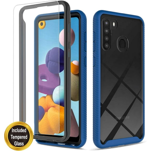 Samsung Galaxy A21 Phone Case, Transparent Drop Proof Cover with [Temerped Glass Screen Protector] (Blue)