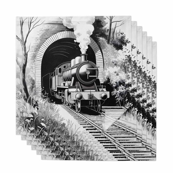 Grey Trains Cloth Napkins, Black White Vintage Tunnels Hand Print Art Washable and Reusable Dinner Napkins Set of 6, Table Napkin for Kitchen Party Birthday Wedding Hotel Housewarming 20"x20"