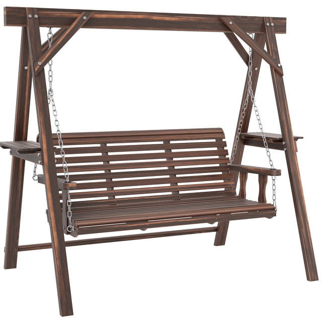 Outsunny Balançoire de Porche à 3 Places avec Support et Tables d'Appoint, Brun Carbonisé