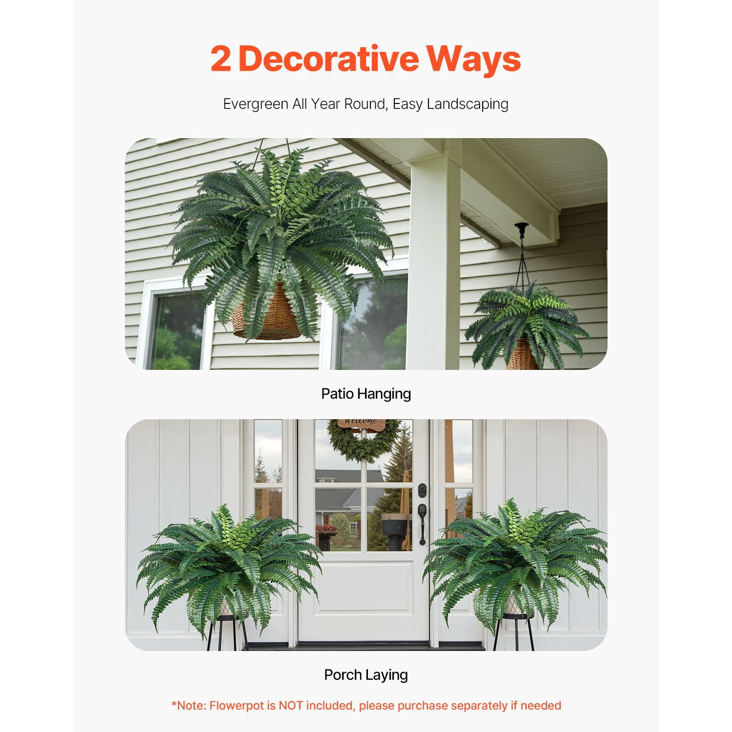 Artificial Fern 2-Pack, 43-47 Inch Lifelike PE and Silk Plant, Dense Branches, Hang or Lay Flat, Weather-Resistant, Low Maintenance for Indoor and Outdoor Decor