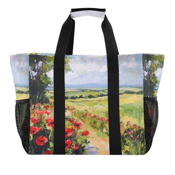 Large Hand-Held Storage Bag Kitchen Reusable Grocery Bags, Travel Tote Bags, Waterproof Tote,Laundry Bag,Beach Bag, Pool Bag Beautiful Flowers on The Road