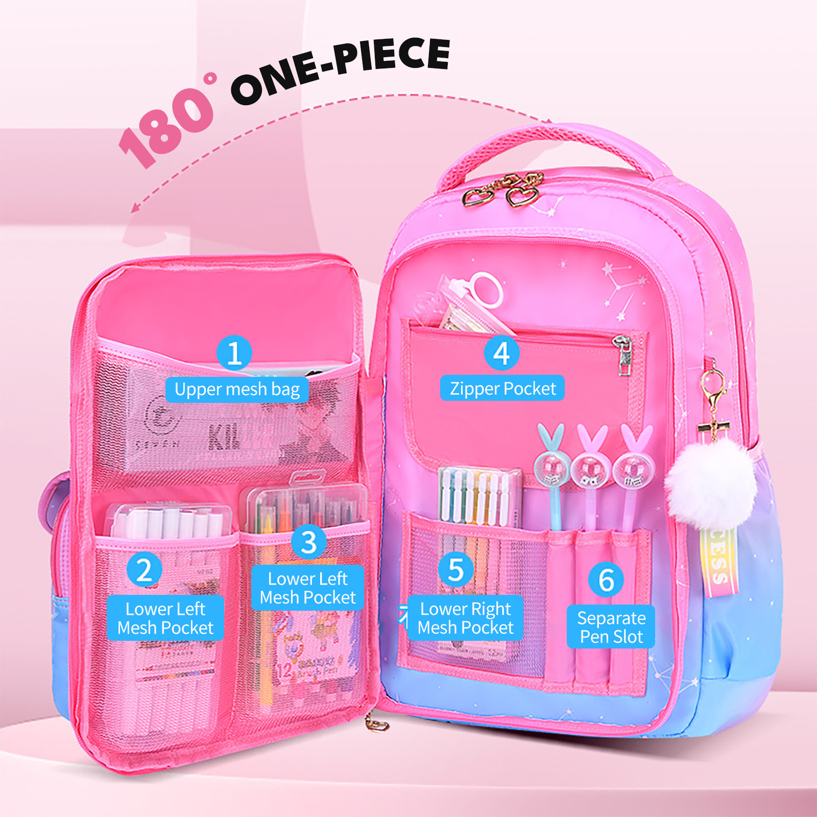 Mochila escolar para niñas, a prueba de agua, ligera, gran capacidad, para niños y adolescentes, regalo, rosa 5