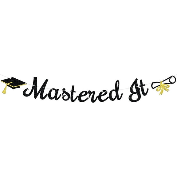 Mastered It Banner, Happy Master's Graduation Sign, Congrats Grad You Did It, Master's Degree Graduate Party Decorations Supplies, Black Glitter