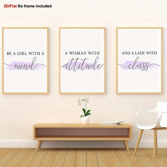 3pcs Frameless Decorative Art, 2D Flat Canvas Print, Purple Bedroom Décor with Female Quotes and Sayings Set of 3 Wall Paintings for Home Living Room, 2D Flat Perfect for Room Decor, Wall Art, Canv
