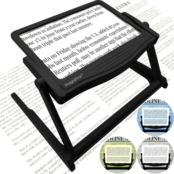 MAGNIPROS Loupe Pleine Page à DEL 5X Grande avec Support Pliable Mains Libres et 3 Modes de Couleur pour Réduire la Fatigue Oculaire, Idéale pour la Lecture de Petites Impressions, le Bricolage, la Basse Vision et les Aînés