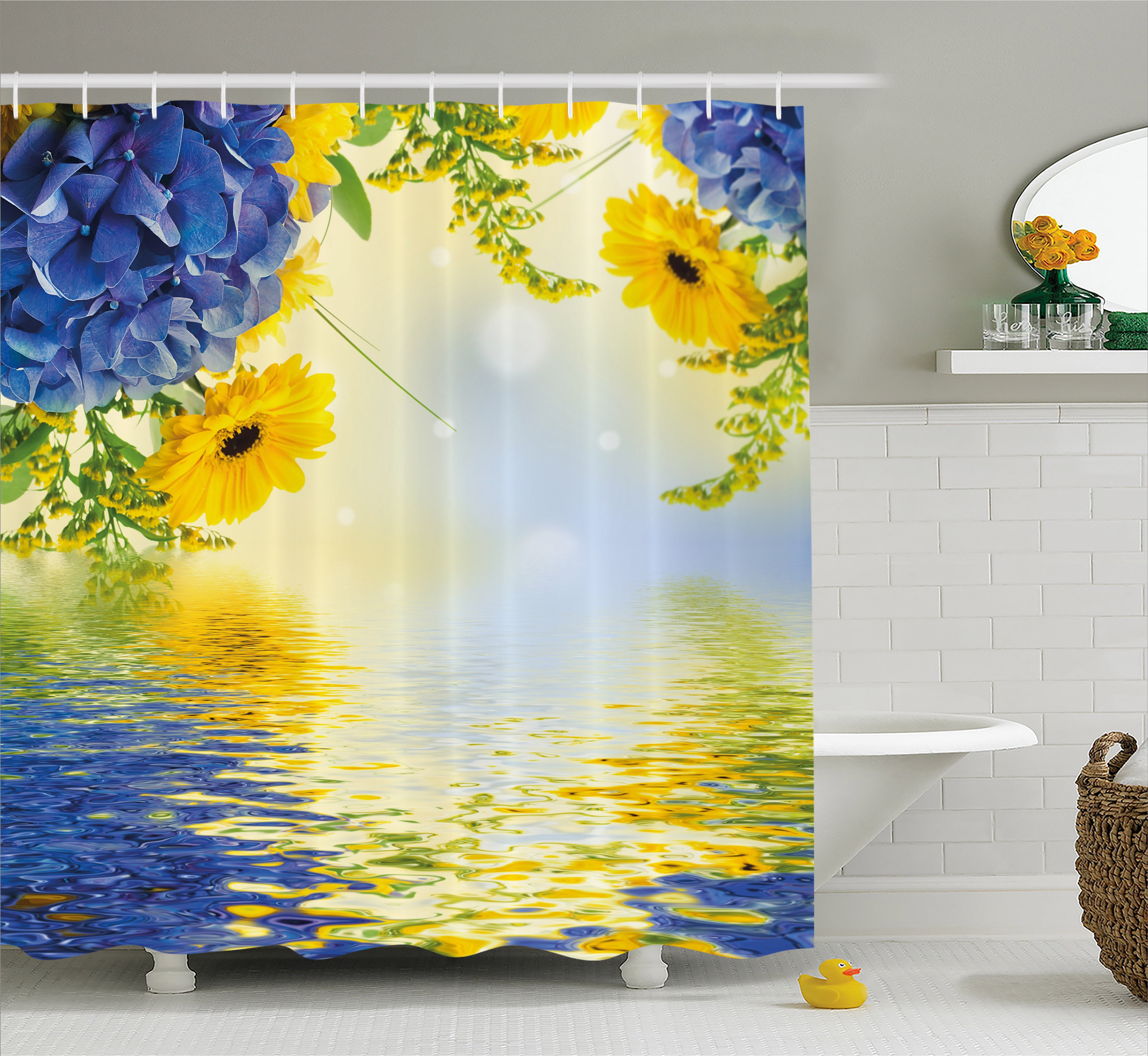 Yellow and Blue Shower Curtain, Romantic Bouquet of Hydrangeas and