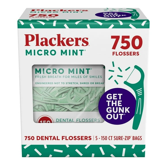 Plackers Micro Mint Fil Dentaire, Cure-Dents Pliables, Super Tufloss, Rangement Facile avec Fermeture Éclair Sure-Fermeture à Glissière, Saveur Menthe Fraîche, 750 Unités (Lot de 5)