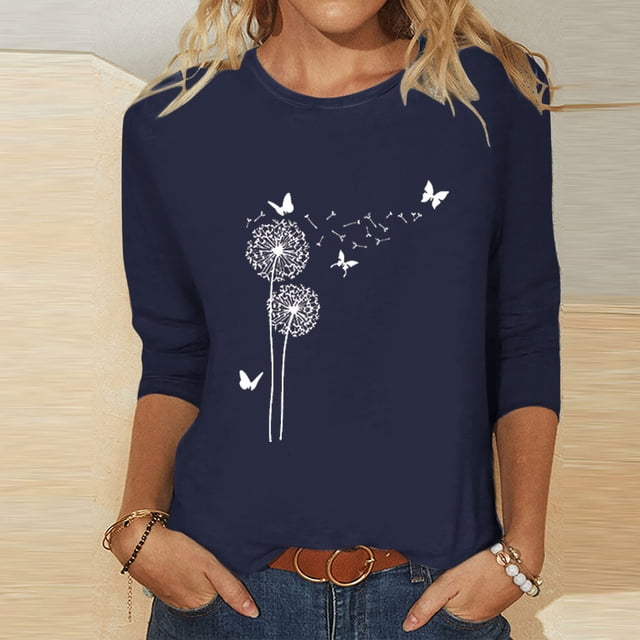 DPTALR T-shirt Imprimé pour Femmes Blouse à Manches 3/4 Col Rond Hauts Décontractés