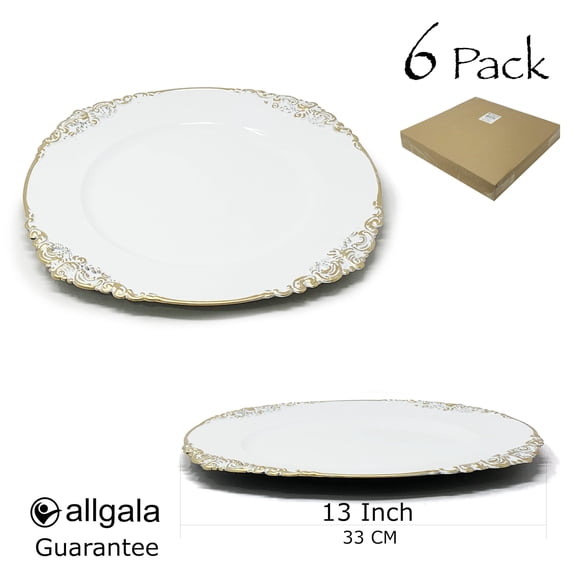 Allgala Charger Plates 13-Inch 6-Pack Heavy Quality Round Charger Plates-Floral White Gold / 6