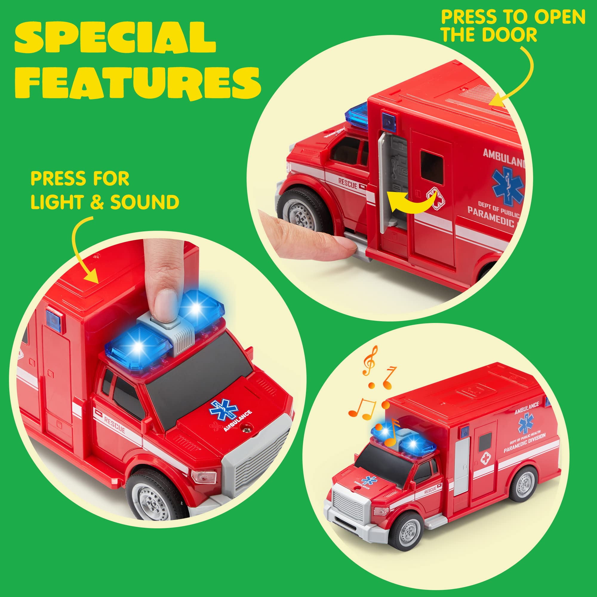 Joyfy 4 Pcs 7" Long Vehicle Toy Set, Toddler Car Toys Including Police Car, School Bus, Garbage Truck, Ambulance, Christmas Birthday Gifts Toys for Boys 2 3 4 5 6 Years Old