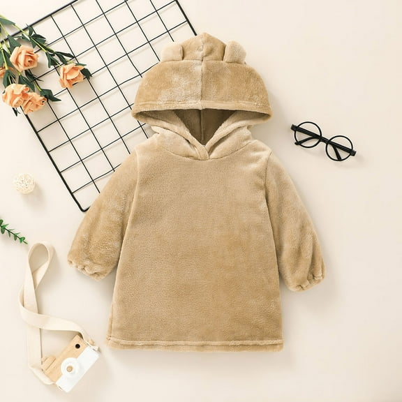 Lilgiuy Toddler Baby Boys Girls Solid Color Plush Cute Bear Ears Winter Hoodie Thick Coat Pullover,Khaki,6-9 Months Winter Fashion 2022