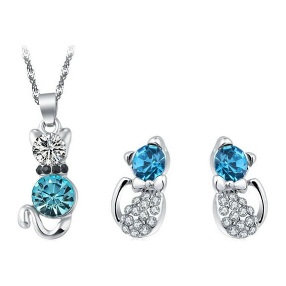 Fiaya Women Cartoon Cat Cubic Zirconia Jewelry Set, Animal Crystal Necklace Earring Set of 3, Jewelry Accessories for Women Anniversary Gift (Blue)