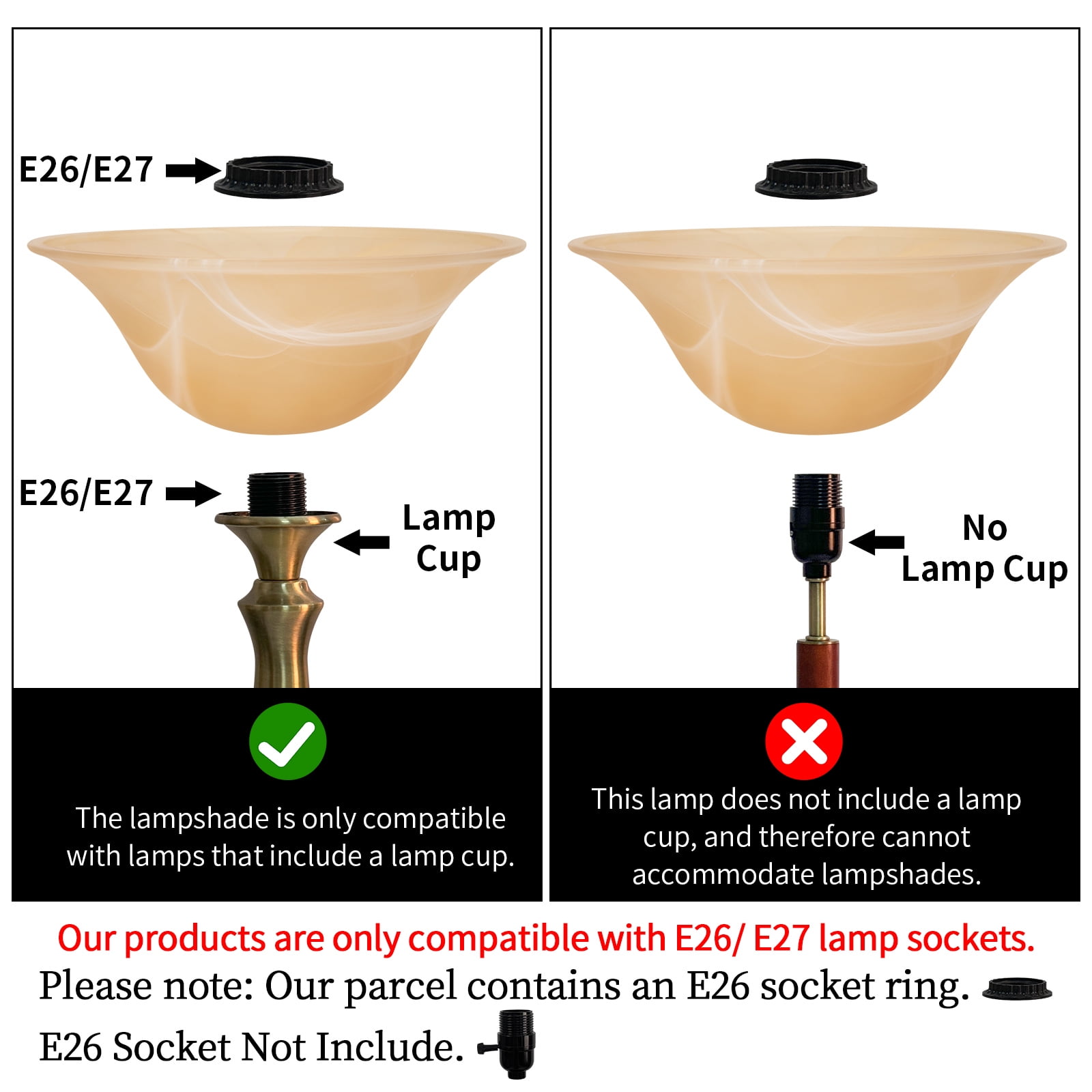 E26 Socket Replacement Torchiere Floor Lamp ,Lamp Shade Replacement with Amber Alabaster Glass Bowl Shade