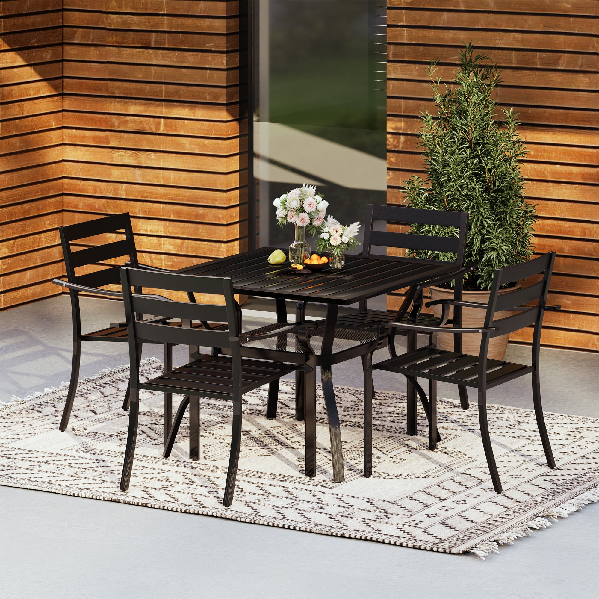 Homrest 5 Piece Steel Foldable Outdoor Conversation Sets with Table with Umbrella Hole and Stackable Chairs