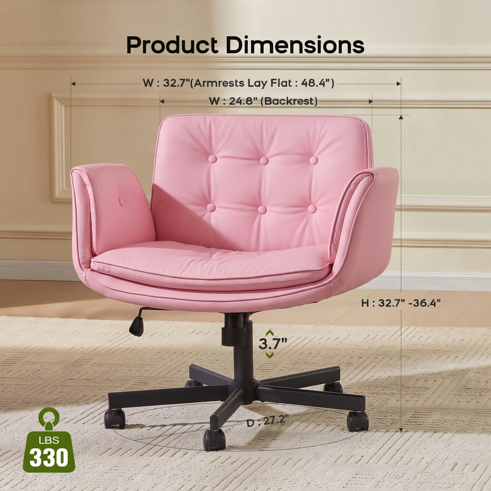 Kelno Criss Cross Office Chair with Wheels Armrests 300lbs Capacity Height Adjustable PU Leather Wide Desk Chair Swivel Vanity Chair, Pink
