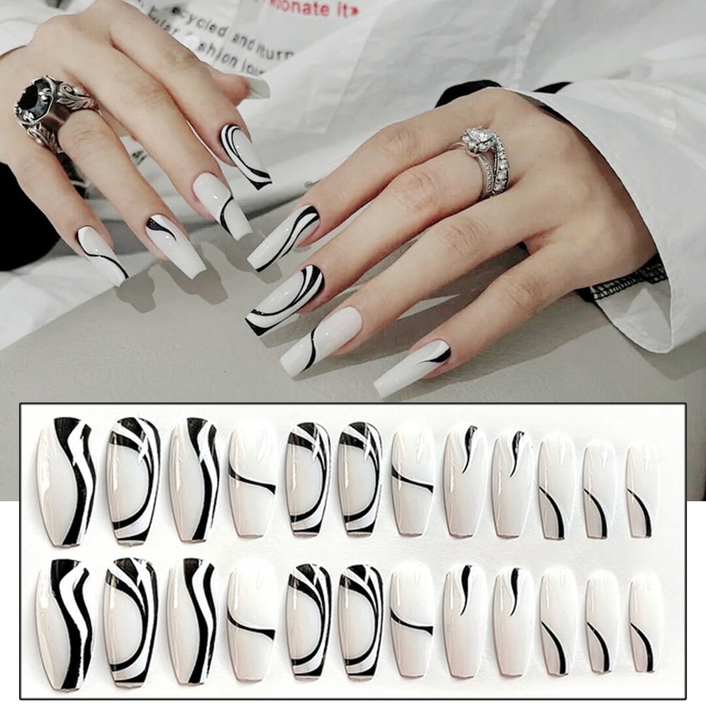 24PCS Long Press on Nails Cute Black Lines Design Fake Nails Full Coverage  Nails - Walmart.com