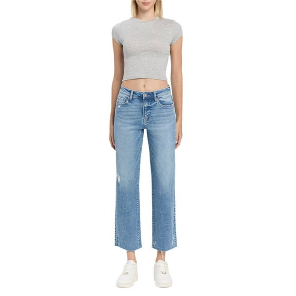 Flying Monkey - High Rise Ankle Straight Jeans with Distressed Raw Hem (28" Inseam) - F5866