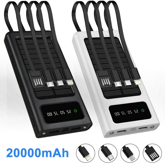 Portable Charger Solar Power Banks for iPhone Cell Phones with Built in Cables,HopePow 20000mAh Flashlight LED Power Display Charging Banks Compatible with iPhone 16/15//14,Samsung,Android(White)