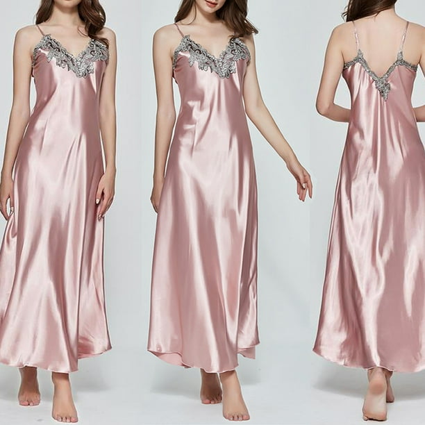 Hirigin Sexy Satin Night Dress For Women Lace V Backless Sleepwear 