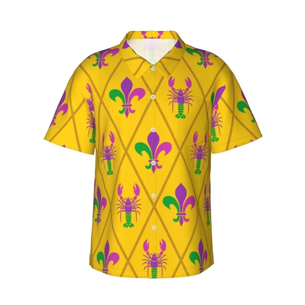 Balery Mardi Gras Crayfish and Fleur de lis Camisas hawaianas de manga corta para hombre, camisas playeras de corte holgado, camisas de vacaciones con botones,Medium