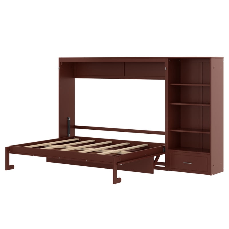 Queen Size Wall Murphy Bed with Adjustable Shelf, All-in-One Storage Bed Frame with Drawer, Folding Platform Bed for Guest Room