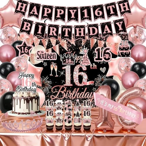 Sweet 16th Birthday Decorations for Girls, 58Pcs Birthday Crown and Sash, Banner, Balloons, Hanging Swirls, Backdrop, Tablecloth, Cake Toppers, 16th Birthday Decorations Party Supplies