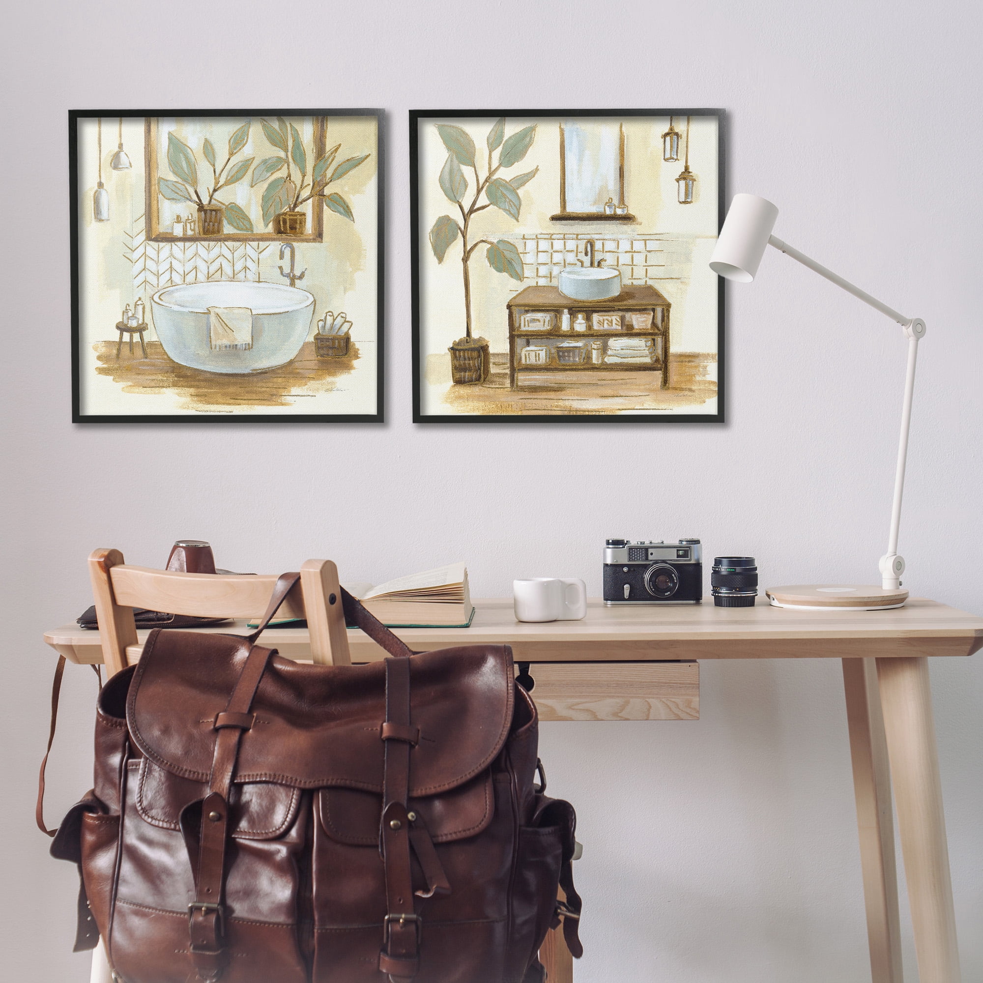 Stupell Industries Sage Green Bathroom Interiors Botanical & Floral Painting Black Framed Art Print Wall Art, 24 x 24, Set of 2