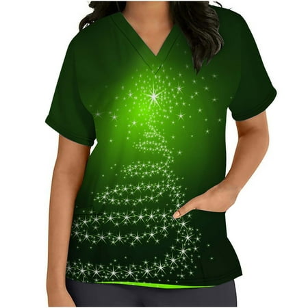 

Mchoice Women s Christmas Costume V-Neck Short Sleeve Nursing Uniform Xmas Printed Workwear Holiday Casual Graphic Tees Blouse Scrubs Tops with Pockets