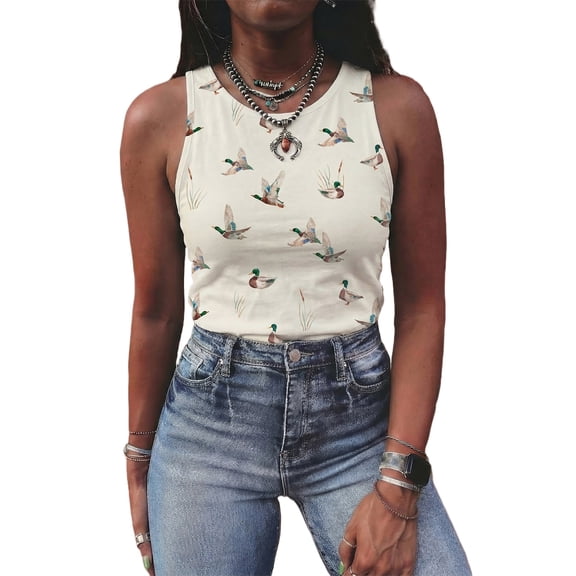 Women's Western Mallard Print Tank Top – Sleeveless Round Neck Beige Summer Shirt, XL
