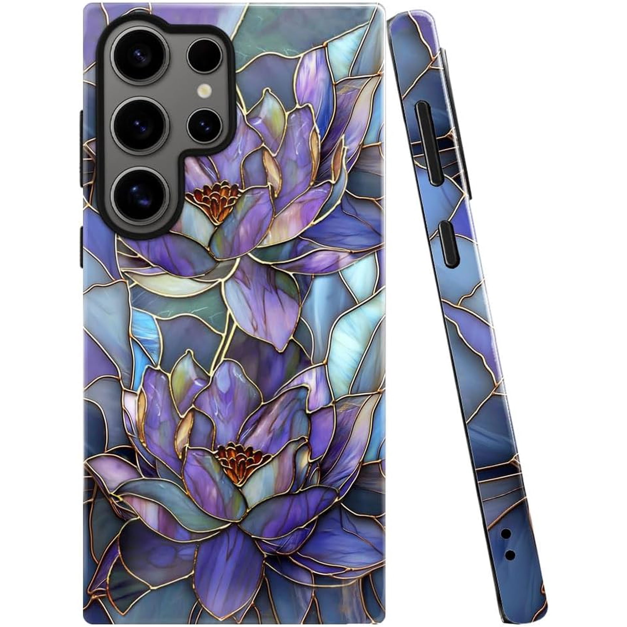Case for Samsung Galaxy S23 Ultra, Purple Lotus Floral Phone Case Drop Resistant Glossy 2 in 1 Solid Dual-Layer Cover for Girl Women