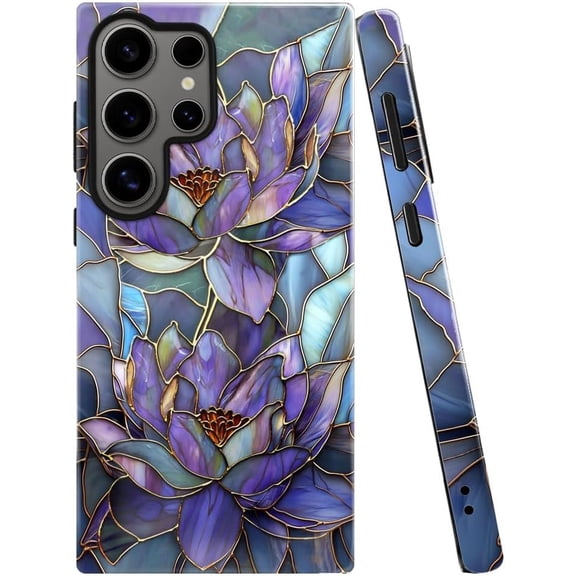 Case for Samsung Galaxy S23 Ultra, Purple Lotus Floral Phone Case Drop Resistant Glossy 2 in 1 Solid Dual-Layer Cover for Girl Women