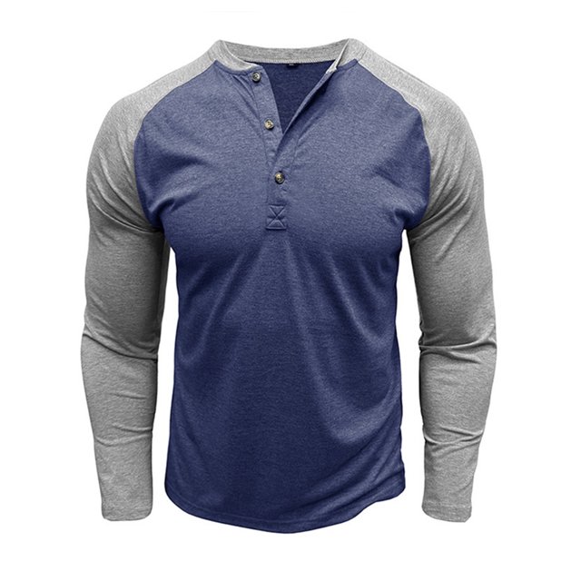 SUNSIOM Men's Spring Autumn Casual T-shirts Long Sleeve Round Neck Contrast Color Button Up Tops
