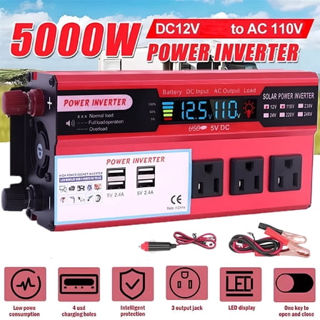 HBMYN Car Power Inverter 5000W DC 12V To AC 110V Pure Sine Wave Solar Converter 4 USB