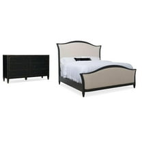 Home Square Set of 2 Cal King Upholstered Bed & 6 Drawer Wood Dresser in Black